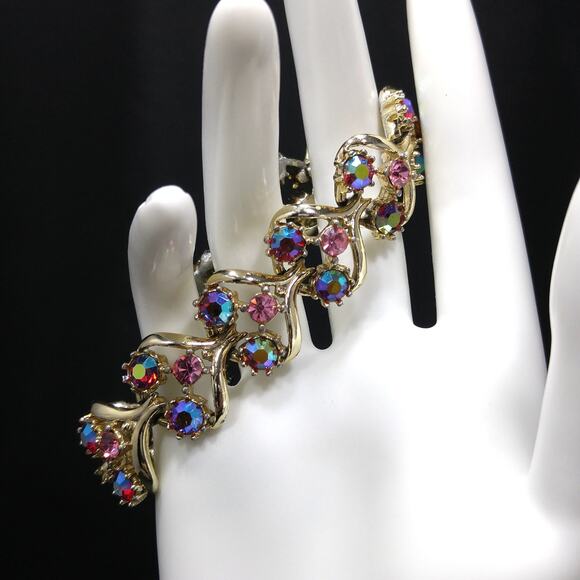 Vintage 1960s Red AB & Pink Rhinestone Bracelet, Gold Tone Links - Picture 3 of 10